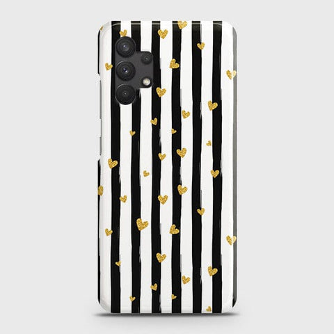 Samsung Galaxy A13 4G Cover - Trendy Black & White Lining With Golden Hearts Printed Hard Case with Life Time Colors Guarantee