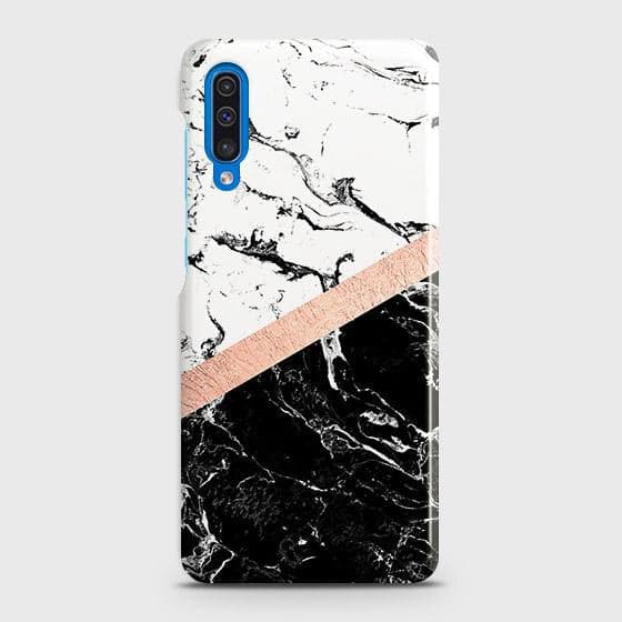 Samsung Galaxy A50s Cover - Black & White Marble With Chic RoseGold Strip Case with Life Time Colors Guarantee