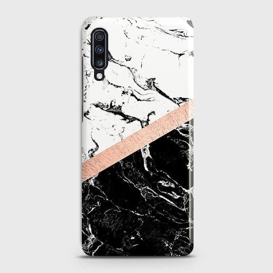 Samsung Galaxy A70 Cover - Black & White Marble With Chic RoseGold Strip Case with Life Time Colors Guarantee