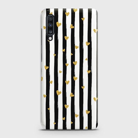 Samsung Galaxy A70 Cover - Trendy Black & White Lining With Golden Hearts Printed Hard Case with Life Time Colors Guarantee