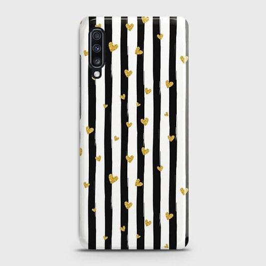 Samsung Galaxy A70 Cover - Trendy Black & White Lining With Golden Hearts Printed Hard Case with Life Time Colors Guarantee