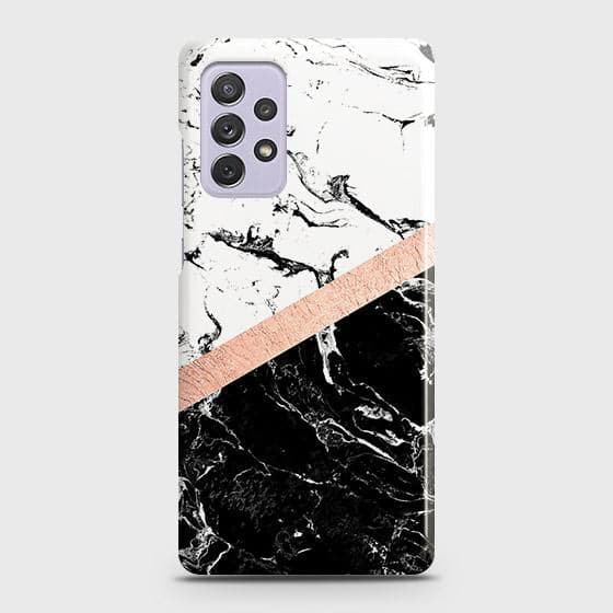 Samsung Galaxy A72 Cover - Black & White Marble With Chic RoseGold Strip Case with Life Time Colors Guarantee