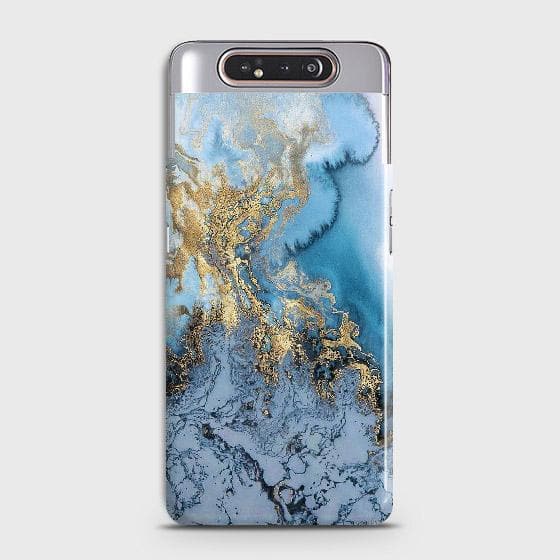 Samsung Galaxy A80 Cover - Trendy Golden & Blue Ocean Marble Printed Hard Case with Life Time Colors Guarantee