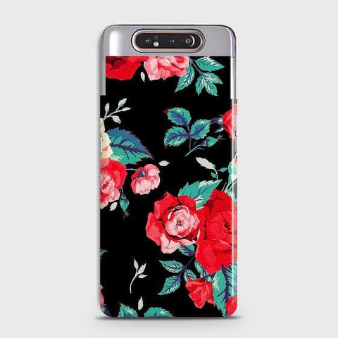 Samsung Galaxy A80 Cover - Luxury Vintage Red Flowers Printed Hard Case with Life Time Colors Guarantee