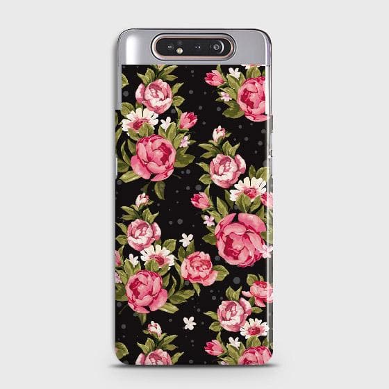 Samsung Galaxy A80 Cover - Trendy Pink Rose Vintage Flowers Printed Hard Case with Life Time Colors Guarantee