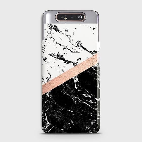 Samsung Galaxy A80 Cover - Black & White Marble With Chic RoseGold Strip Case with Life Time Colors Guarantee