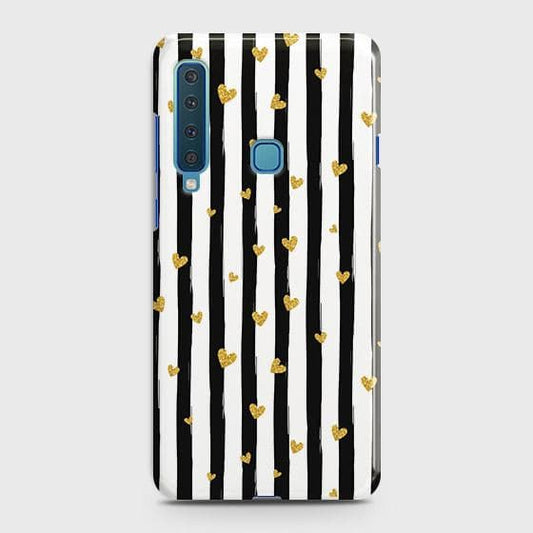 Samsung Galaxy A9 Star Pro Cover - Trendy Black & White Lining With Golden Hearts Printed Hard Case with Life Time Colors Guarantee