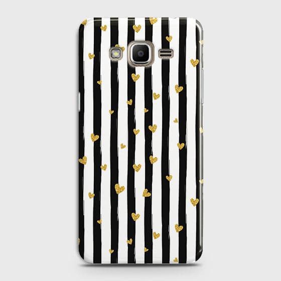 Samsung Galaxy J7 Core / Nxt Cover - Trendy Black & White Lining With Golden Hearts Printed Hard Case with Life Time Colors Guarantee