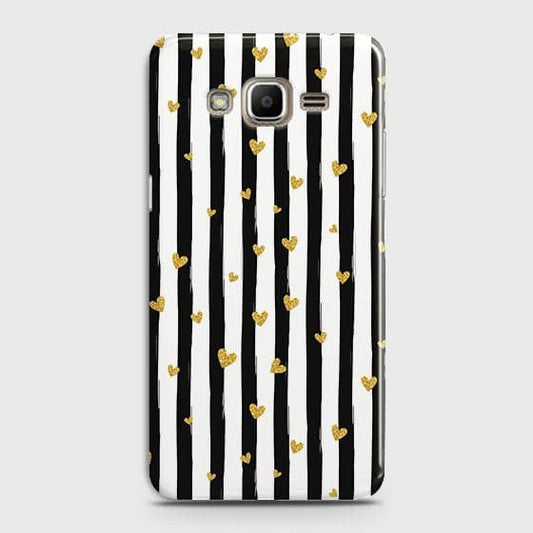 Samsung Galaxy J7 Core / Nxt Cover - Trendy Black & White Lining With Golden Hearts Printed Hard Case with Life Time Colors Guarantee