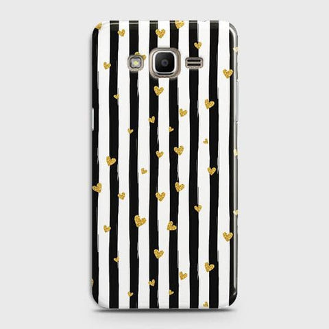 Samsung Galaxy J7 Core / Nxt Cover - Trendy Black & White Lining With Golden Hearts Printed Hard Case with Life Time Colors Guarantee