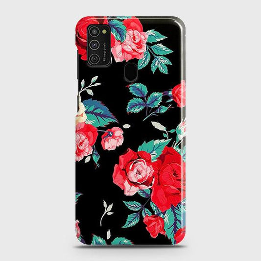 Samsung Galaxy M21 Cover - Luxury Vintage Red Flowers Printed Hard Case with Life Time Colors Guarantee