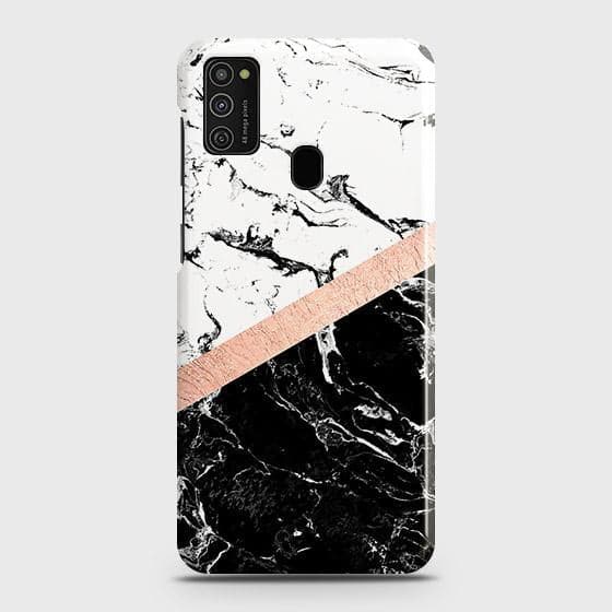Samsung Galaxy M21 Cover - Black & White Marble With Chic RoseGold Strip Case with Life Time Colors Guarantee
