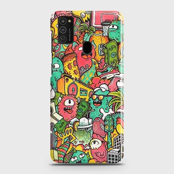 Samsung Galaxy M21 Cover - Matte Finish - Candy Colors Trendy Sticker Collage Printed Hard Case with Life Time Colors Guarantee