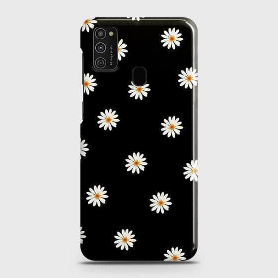Samsung Galaxy M21 Cover - Matte Finish - White Bloom Flowers with Black Background Printed Hard Case with Life Time Colors Guarantee