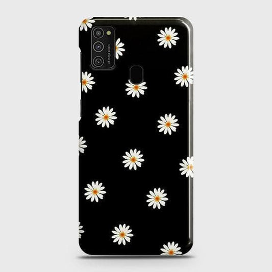 Samsung Galaxy M21 Cover - Matte Finish - White Bloom Flowers with Black Background Printed Hard Case with Life Time Colors Guarantee