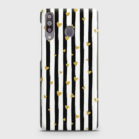 Samsung Galaxy M30 Cover - Trendy Black & White Lining With Golden Hearts Printed Hard Case with Life Time Colors Guarantee