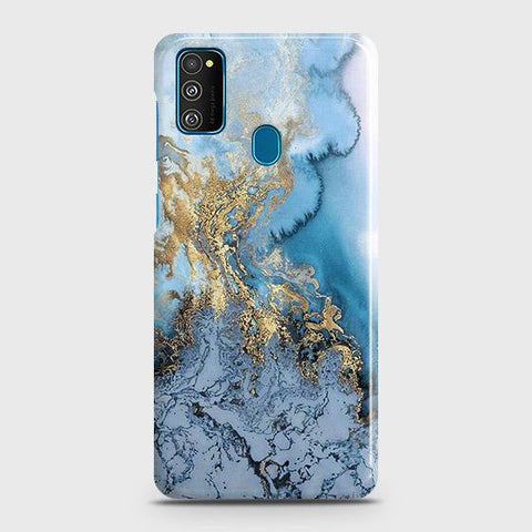 Samsung Galaxy M30s Cover - Trendy Golden & Blue Ocean Marble Printed Hard Case with Life Time Colors Guarantee