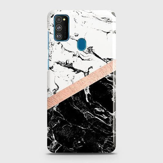 Printed Black & White Marble With Chic RoseGold Strip Case with Life Time Colors Guarantee For Samsung Galaxy M30s