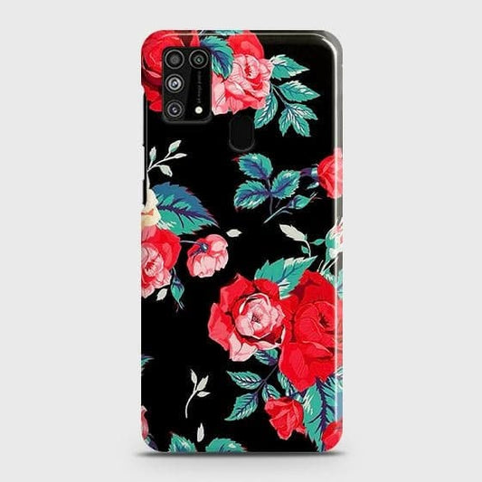 Samsung Galaxy M31 Cover - Luxury Vintage Red Flowers Printed Hard Case with Life Time Colors Guarantee