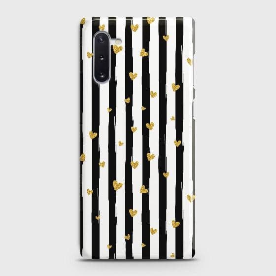 Samsung Galaxy Note 10 Cover - Trendy Black & White Lining With Golden Hearts Printed Hard Case with Life Time Colors Guarantee