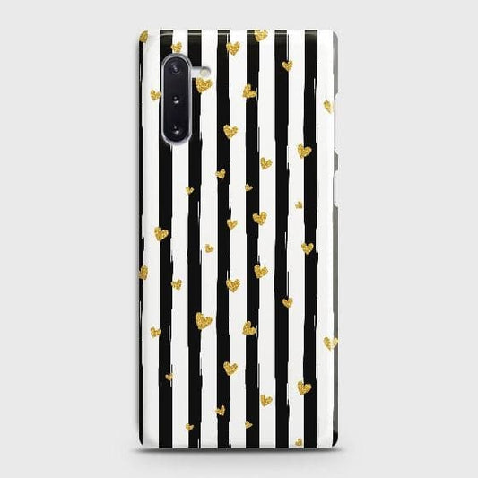 Samsung Galaxy Note 10 Cover - Trendy Black & White Lining With Golden Hearts Printed Hard Case with Life Time Colors Guarantee