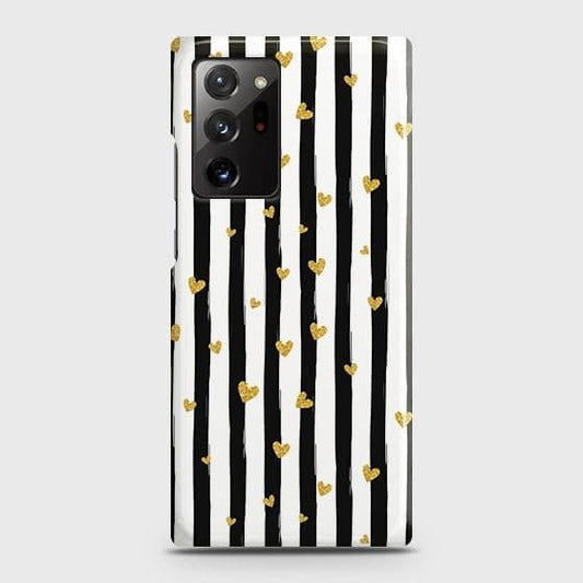 Samsung Galaxy Note 20 Ultra Cover - Trendy Black & White Lining With Golden Hearts Printed Hard Case with Life Time Colors Guarantee