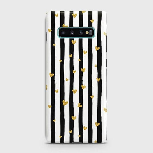 Samsung Galaxy S10 Cover - Trendy Black & White Lining With Golden Hearts Printed Hard Case with Life Time Colors Guarantee ( Fast Delivery )