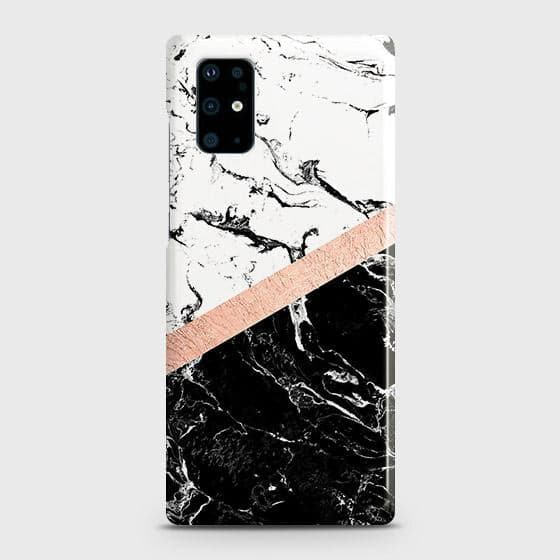 Samsung Galaxy S20 Plus Cover - Black & White Marble With Chic RoseGold Strip Case with Life Time Colors Guarantee