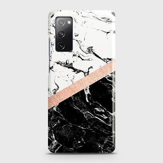 Samsung Galaxy S20 FE Cover - Black & White Marble With Chic RoseGold Strip Case with Life Time Colors Guarantee