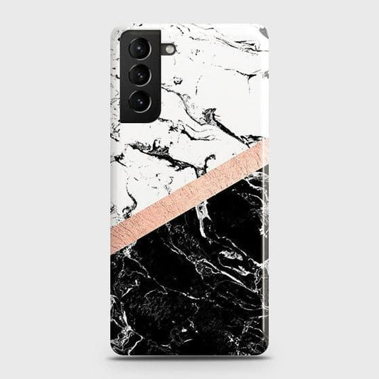 Samsung Galaxy S21 5G Cover - Black & White Marble With Chic RoseGold Strip Case with Life Time Colors Guarantee