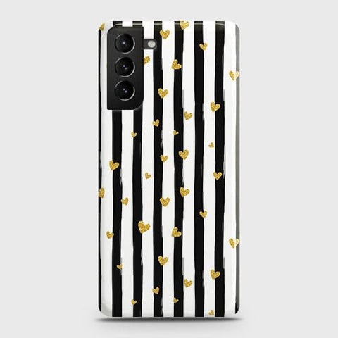 Samsung Galaxy S21 5G Cover - Trendy Black & White Lining With Golden Hearts Printed Hard Case with Life Time Colors Guarantee ( Fast Delivery )