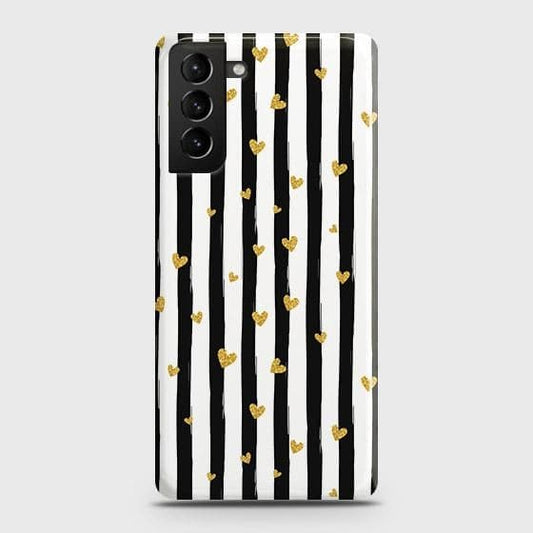 Samsung Galaxy S21 5G Cover - Trendy Black & White Lining With Golden Hearts Printed Hard Case with Life Time Colors Guarantee