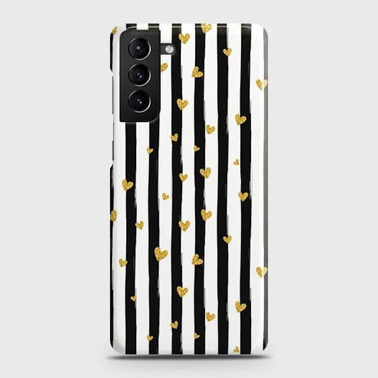 Samsung Galaxy S21 Plus 5G Cover - Trendy Black & White Lining With Golden Hearts Printed Hard Case with Life Time Colors Guarantee ( b32)