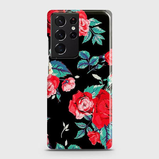 Samsung Galaxy S21 Ultra 5G Cover - Luxury Vintage Red Flowers Printed Hard Case with Life Time Colors Guarantee