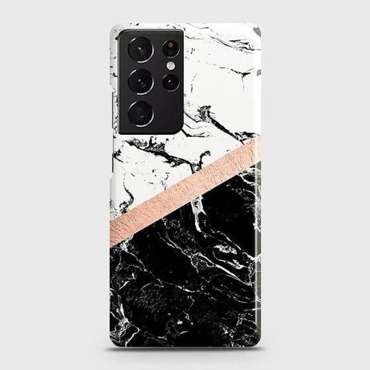 Samsung Galaxy S21 Ultra 5G Cover - Black & White Marble With Chic RoseGold Strip Case with Life Time Colors Guarantee