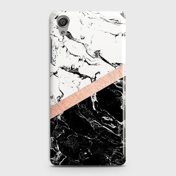 Sony Xperia XA1 Plus Cover - Black & White Marble With Chic RoseGold Strip Case with Life Time Colors Guarantee