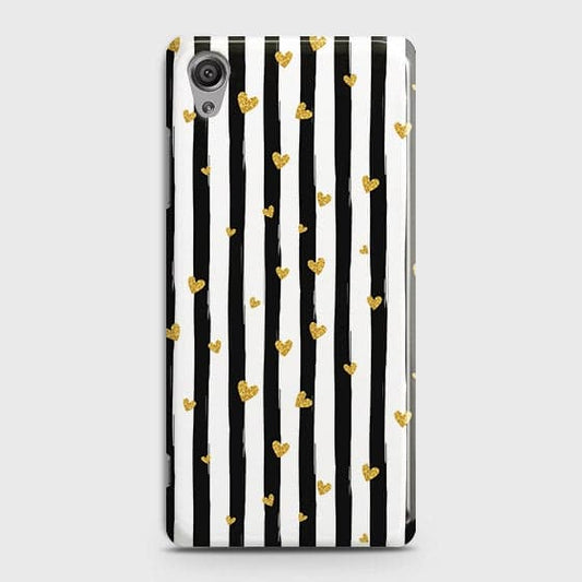 Sony Xperia XA1 Plus Cover - Trendy Black & White Lining With Golden Hearts Printed Hard Case with Life Time Colors Guarantee