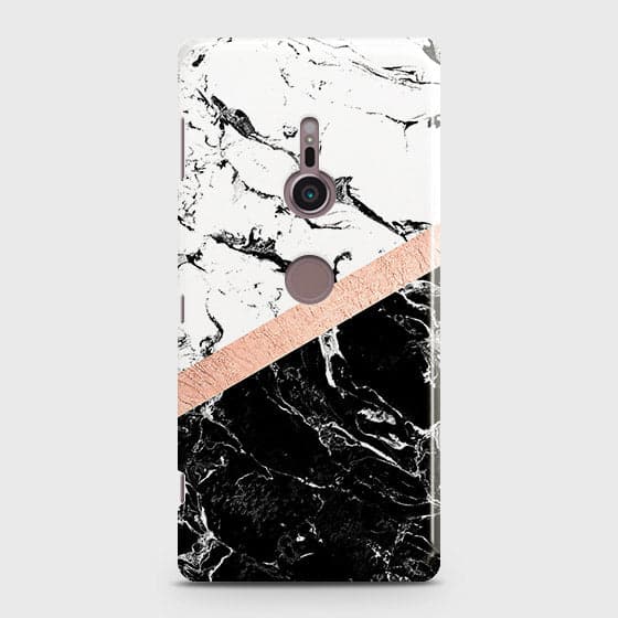 Sony Xperia XZ3 Cover - Black & White Marble With Chic RoseGold Strip Case with Life Time Colors Guarantee