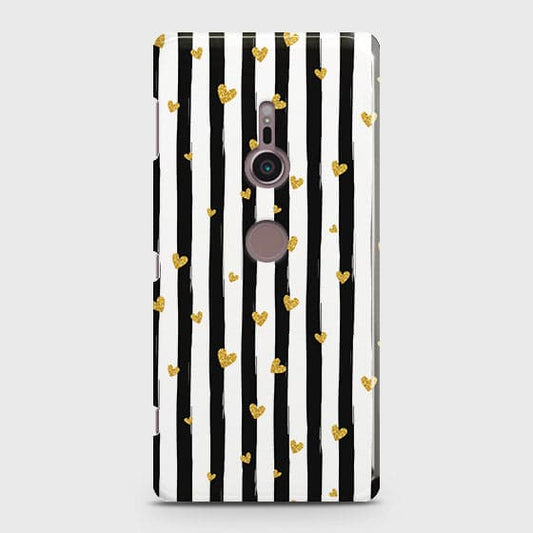Sony Xperia XZ3 Cover - Trendy Black & White Lining With Golden Hearts Printed Hard Case with Life Time Colors Guarantee