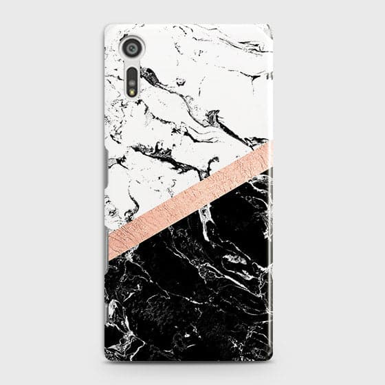 Sony Xperia XZ / XZs Cover - Black & White Marble With Chic RoseGold Strip Case with Life Time Colors Guarantee