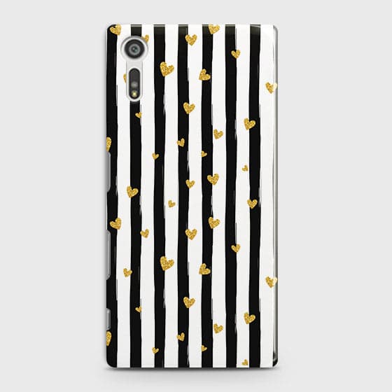 Sony Xperia XZ Cover - Trendy Black & White Lining With Golden Hearts Printed Hard Case with Life Time Colors Guarantee