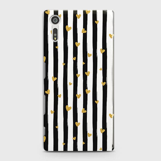 Sony Xperia XZ Cover - Trendy Black & White Lining With Golden Hearts Printed Hard Case with Life Time Colors Guarantee