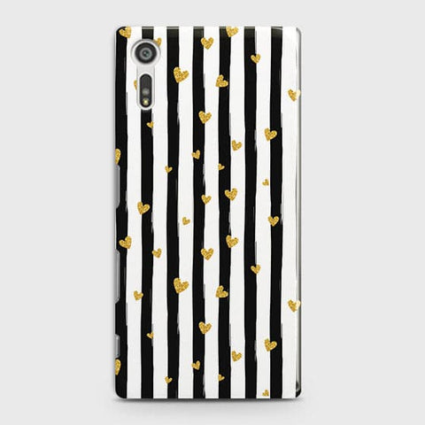 Sony Xperia XZ Cover - Trendy Black & White Lining With Golden Hearts Printed Hard Case with Life Time Colors Guarantee