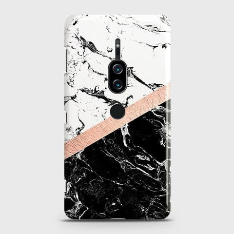 Sony Xperia XZ2 Premium Cover - Black & White Marble With Chic RoseGold Strip Case with Life Time Colors Guarantee