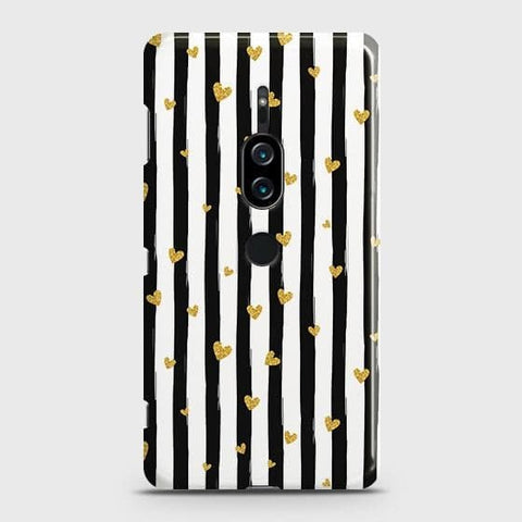 Sony Xperia XZ2 Premium Cover - Trendy Black & White Lining With Golden Hearts Printed Hard Case with Life Time Colors Guarantee