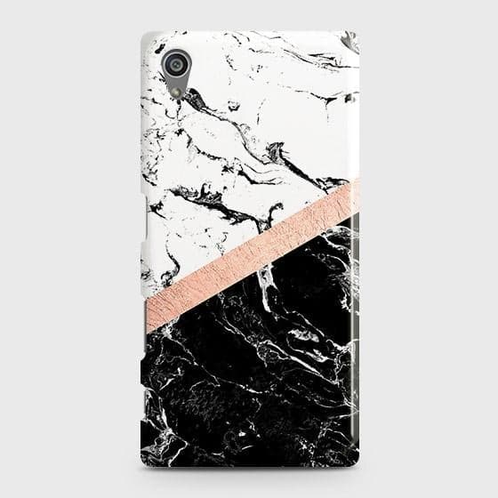 Sony Xperia Z5 Cover - Black & White Marble With Chic RoseGold Strip Case with Life Time Colors Guarantee