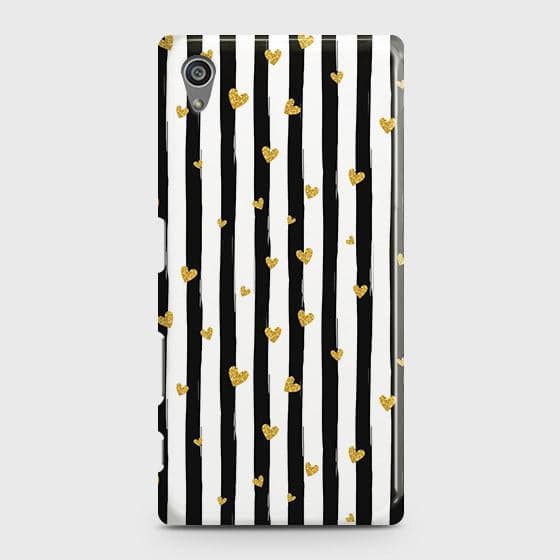 Sony Xperia Z5 Cover - Trendy Black & White Lining With Golden Hearts Printed Hard Case with Life Time Colors Guarantee