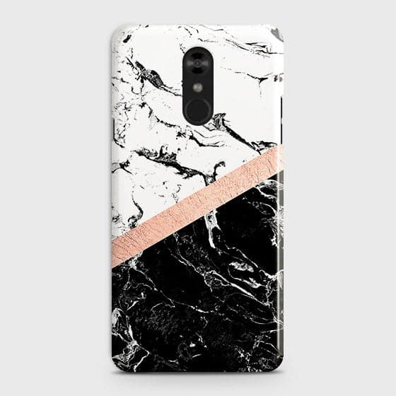 LG Stylo 4 Cover - Black & White Marble With Chic RoseGold Strip Case with Life Time Colors Guarantee