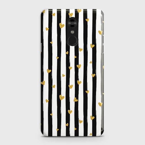 LG Stylo 4 Cover - Trendy Black & White Lining With Golden Hearts Printed Hard Case with Life Time Colors Guarantee