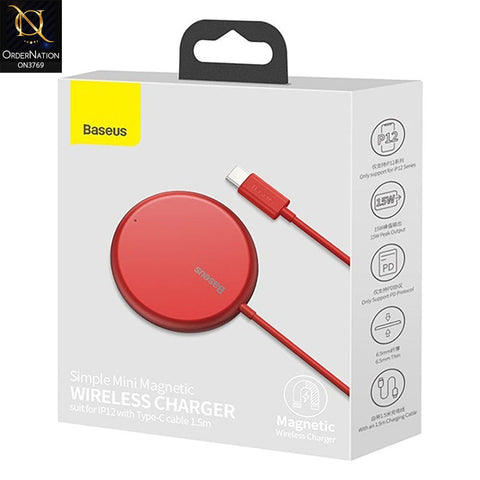 Wireless Charger - Red - Baseus Simple MiniI Magnetic Wireless Charger Suit For IP12 With TYPE-C Cable 1.5M